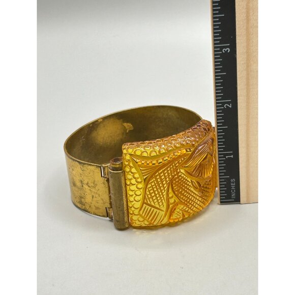 Vtg French Prystal Bakelite Carved Fish Bracelet Hinged Wide Brass Band Art Deco - Picture 9 of 13